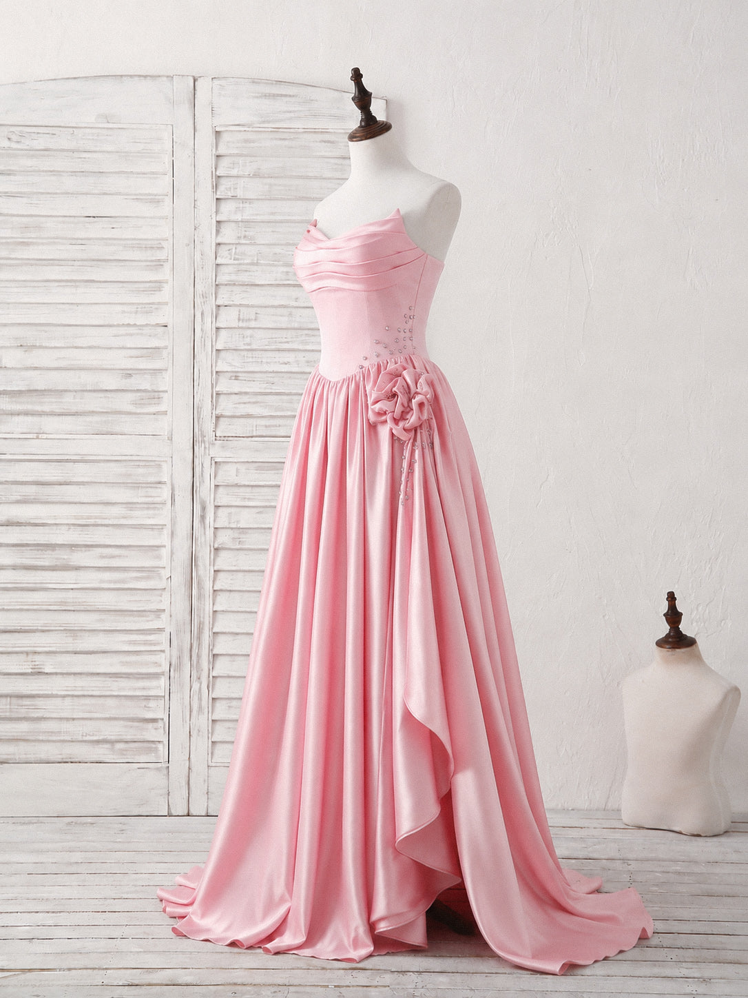 A-line Satin Floor Length Pink Long Prom Dress with Flower Beads