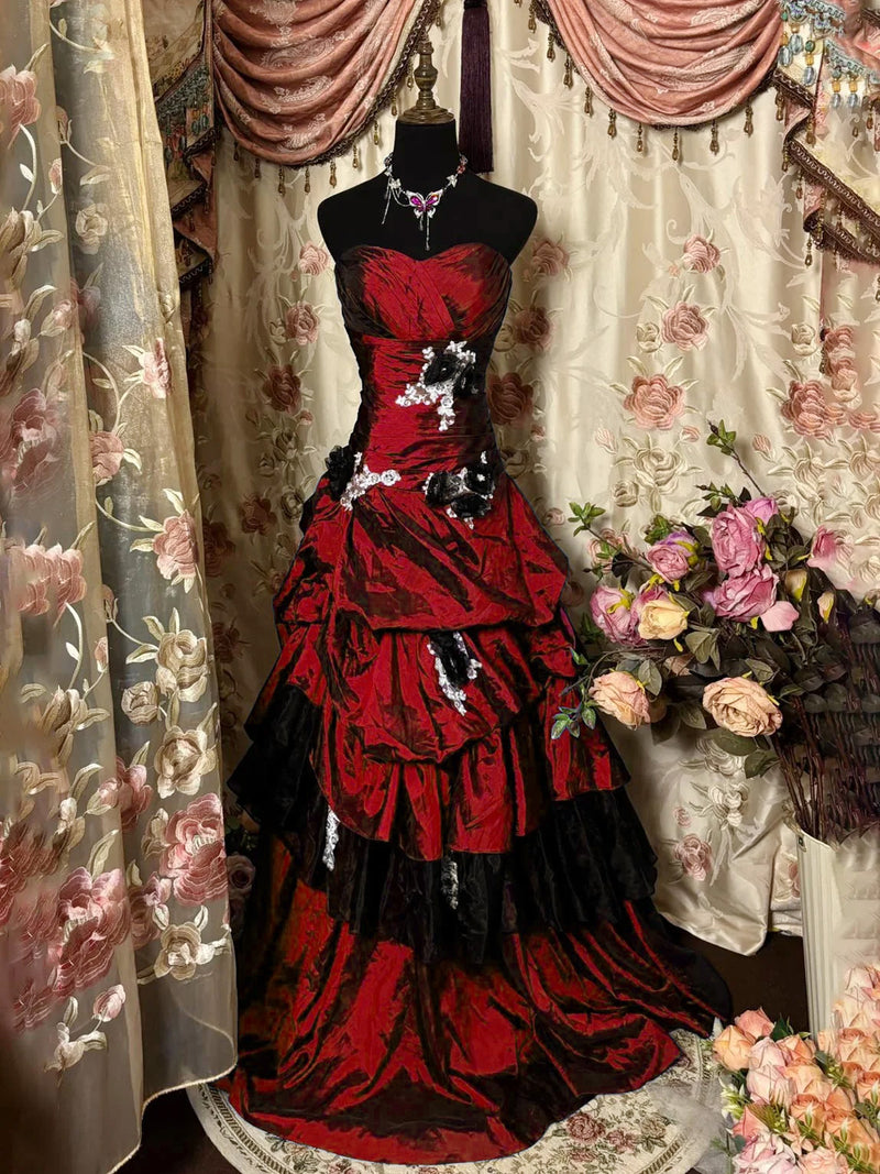 Retro Sweetheart Neck Taffeta Burgundy Long Prom Dress, Burgundy Sweet – shopluu