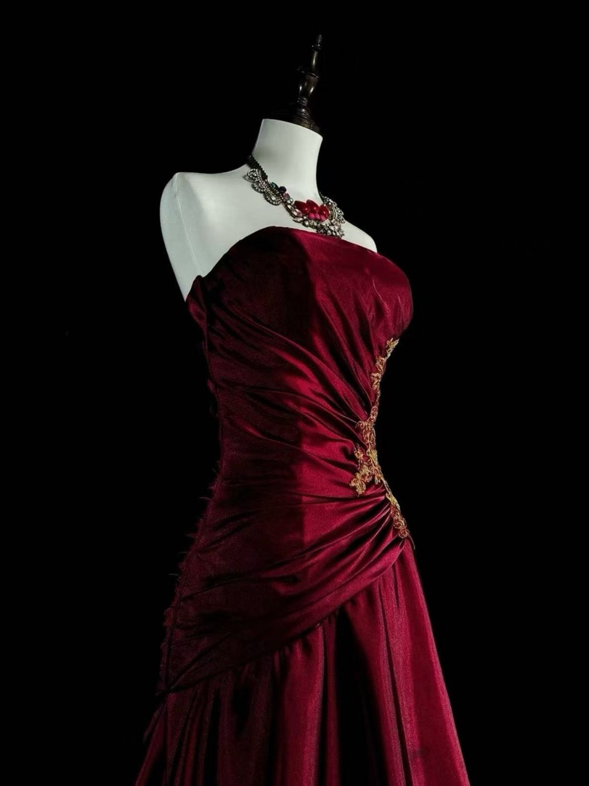 A-line Satin Lace Applique Burgundy Long Prom Dress