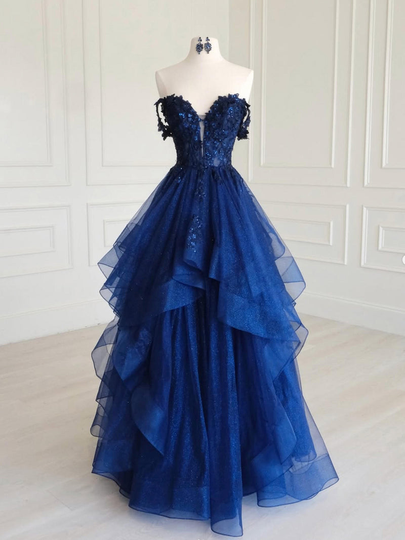 A-Line Off Shoulder Tulle Sequin Lace Blue Long Prom Dress US 8 / Black