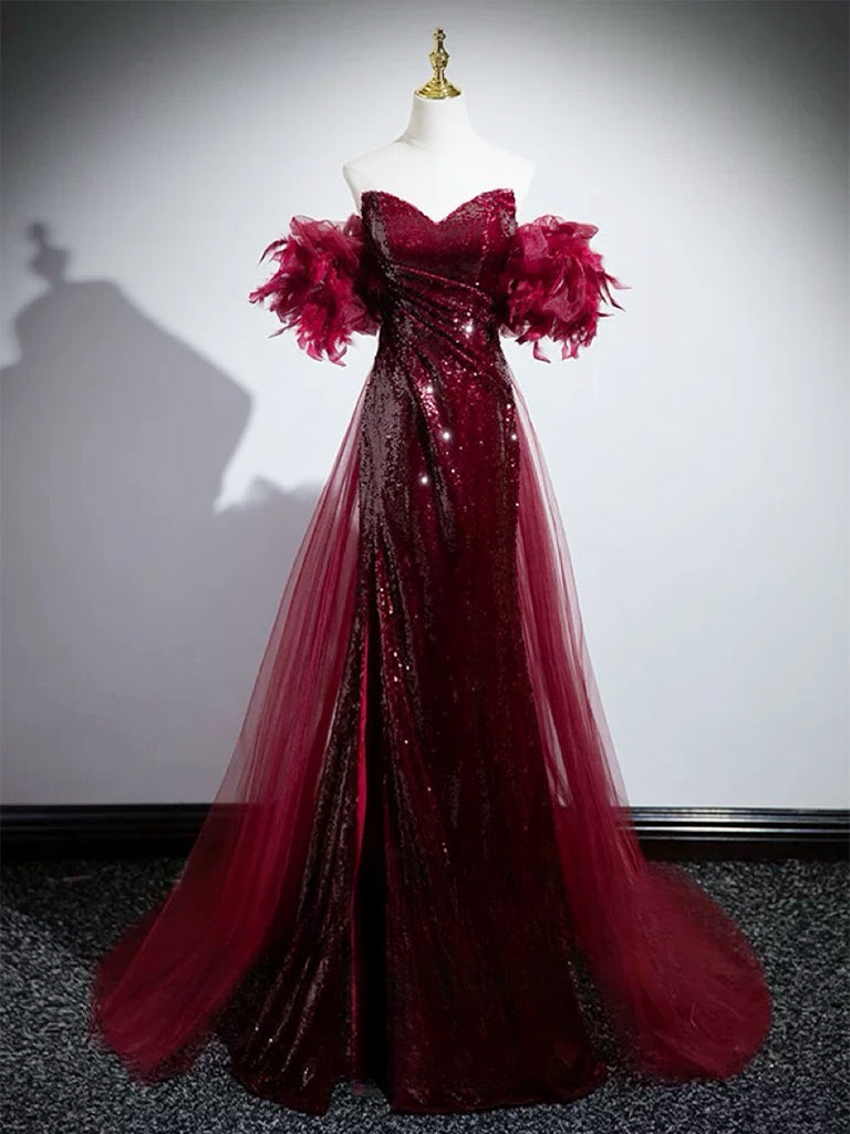 Burgundy Tulle Sequins Long Prom Dress, Elegant Evening Dress with Detachable Skirt US 14 / Custom Color Burgundy Tulle Sequins Long Prom Dress, Elegant Evening Dress with Detachable Skirt US 14 / Custom Color