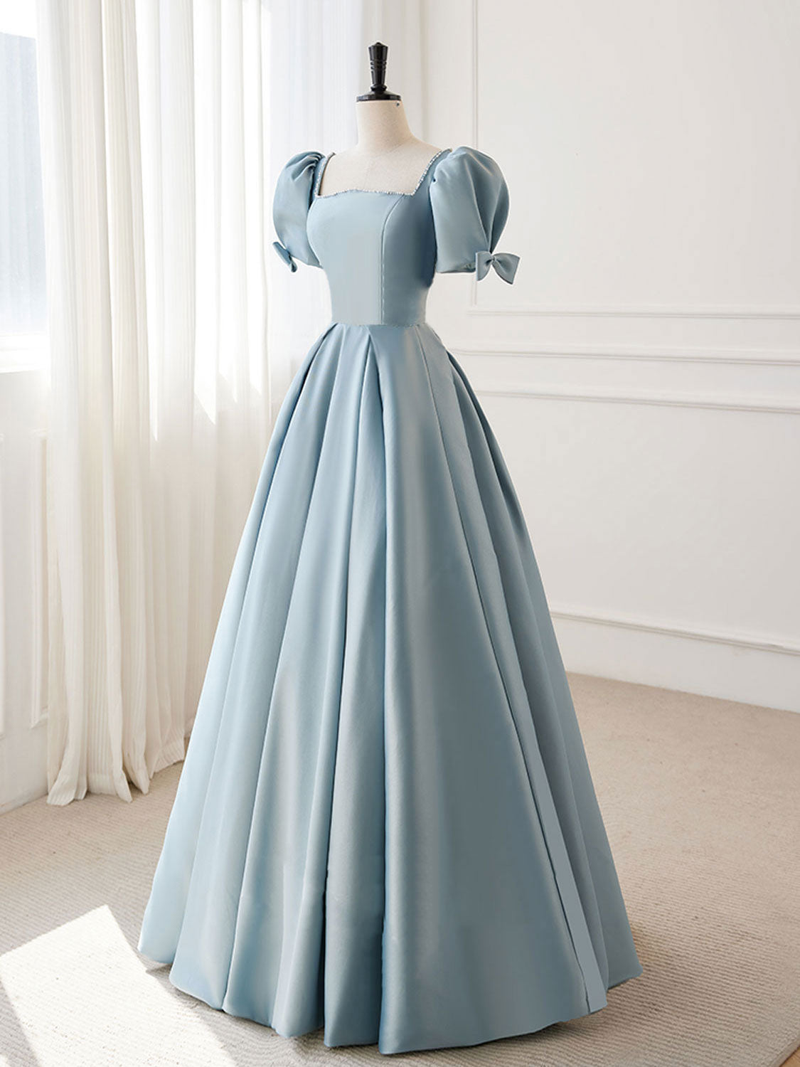 A-Line Blue Satin Puffy Sleeve Long Prom Dress, Blue Formal Dresses – shopluu