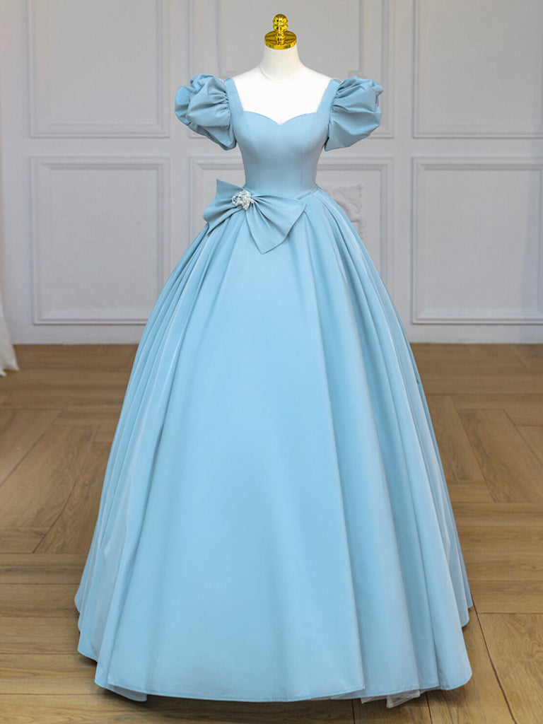 blue satin puff sleeve dress Blue Satin Pleated Bodice Puff Sleeve Midi Dress