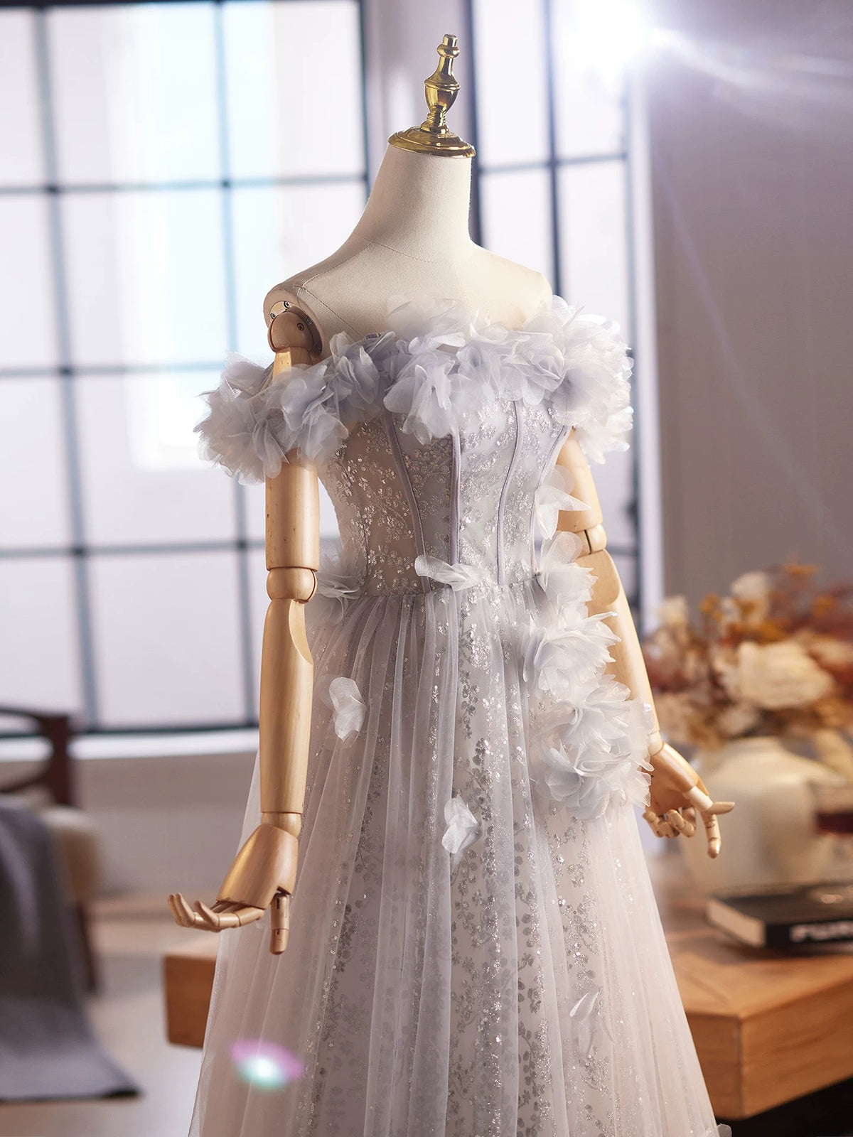 A-Line Off Shoulder Tulle Flower Applique Gray Long Prom Dress
