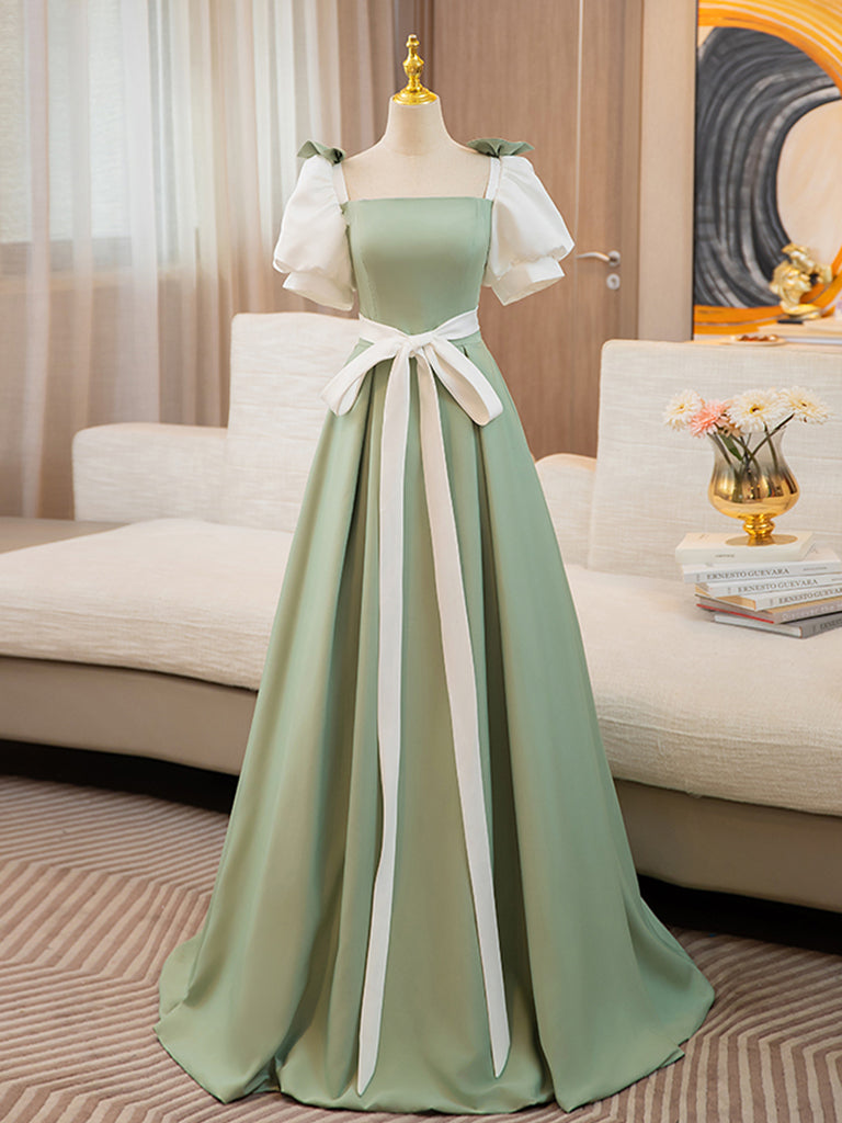 White and Green Satin Long Prom Dress, A-Line Short Sleeve Evening Party Dress US 4 / White and Green White and Green Satin Long Prom Dress, A-Line Short Sleeve Evening Party Dress US 4 / White and Green