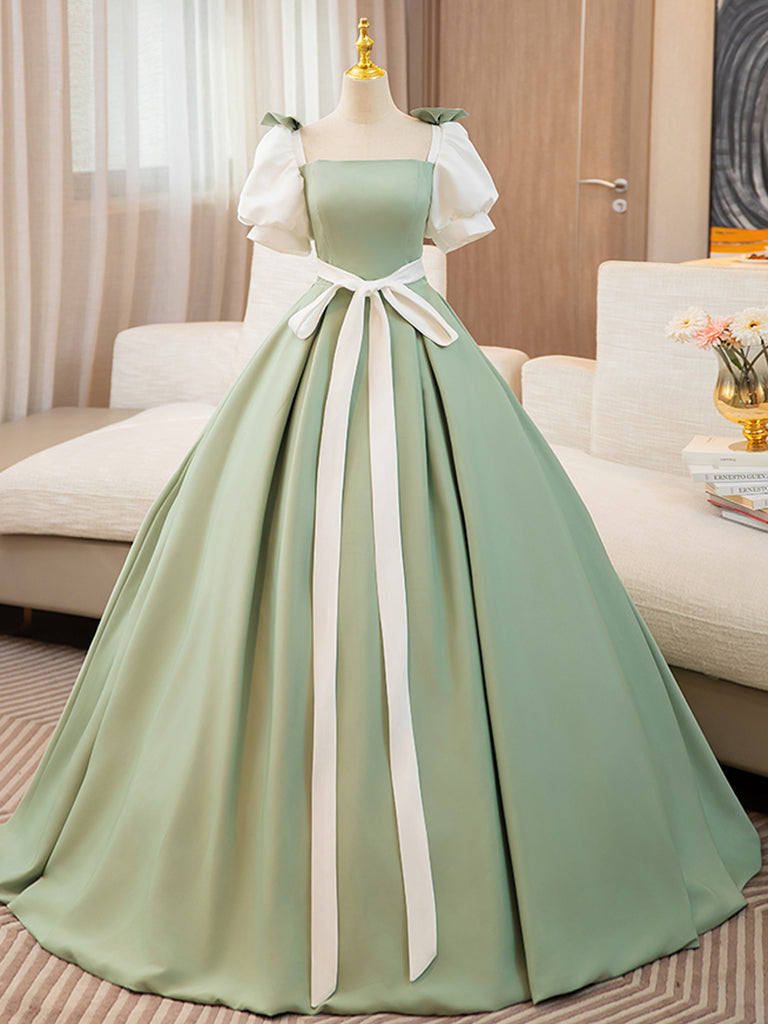 White and Green Satin Long Prom Dress, A-Line Short Sleeve Evening Party Dress US 4 / White and Green White and Green Satin Long Prom Dress, A-Line Short Sleeve Evening Party Dress US 4 / White and Green