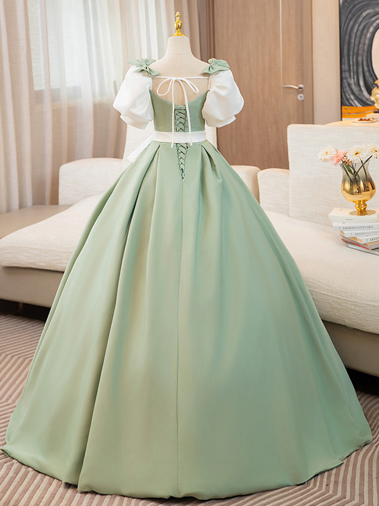 Puff Sleeves A-line Satin Green/White Long Prom Dress, Green Long