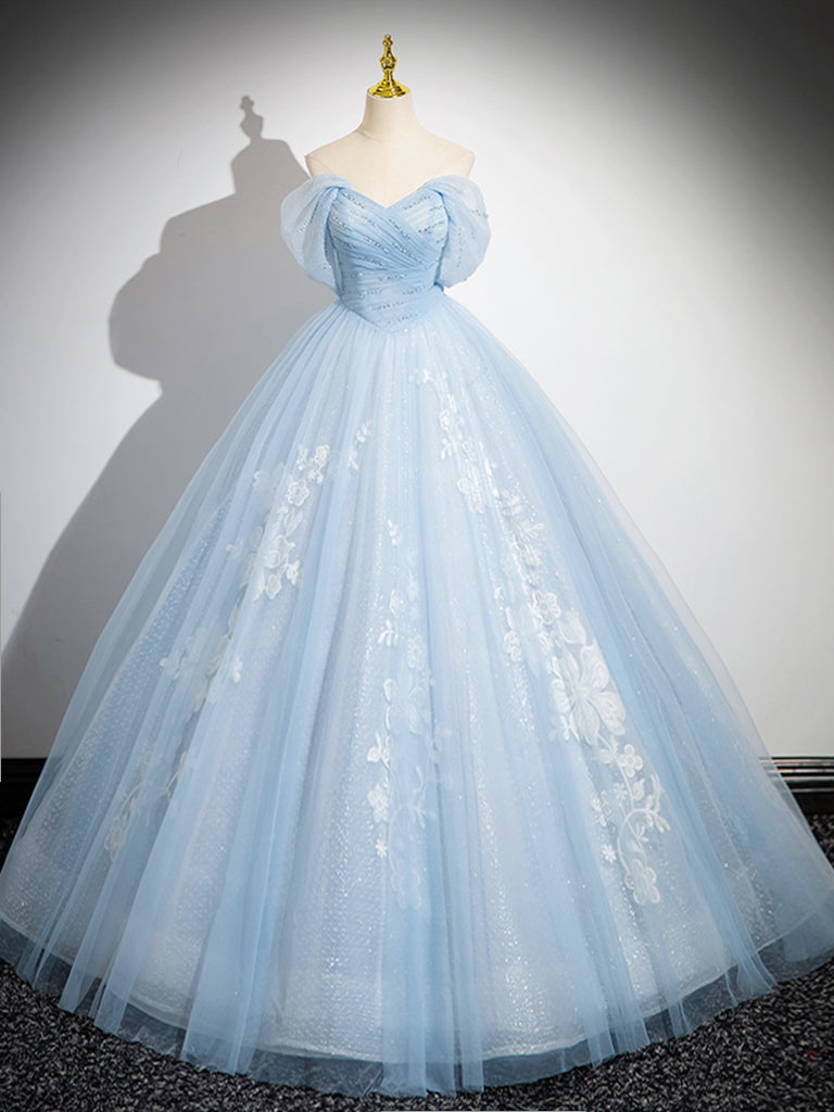 A-Line Tulle Lace Blue Long Prom Dress, Off Shoulder Blue Long