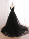 A-Line V Neck Tulle Black Long Prom Dress, Black Long Formal Dress