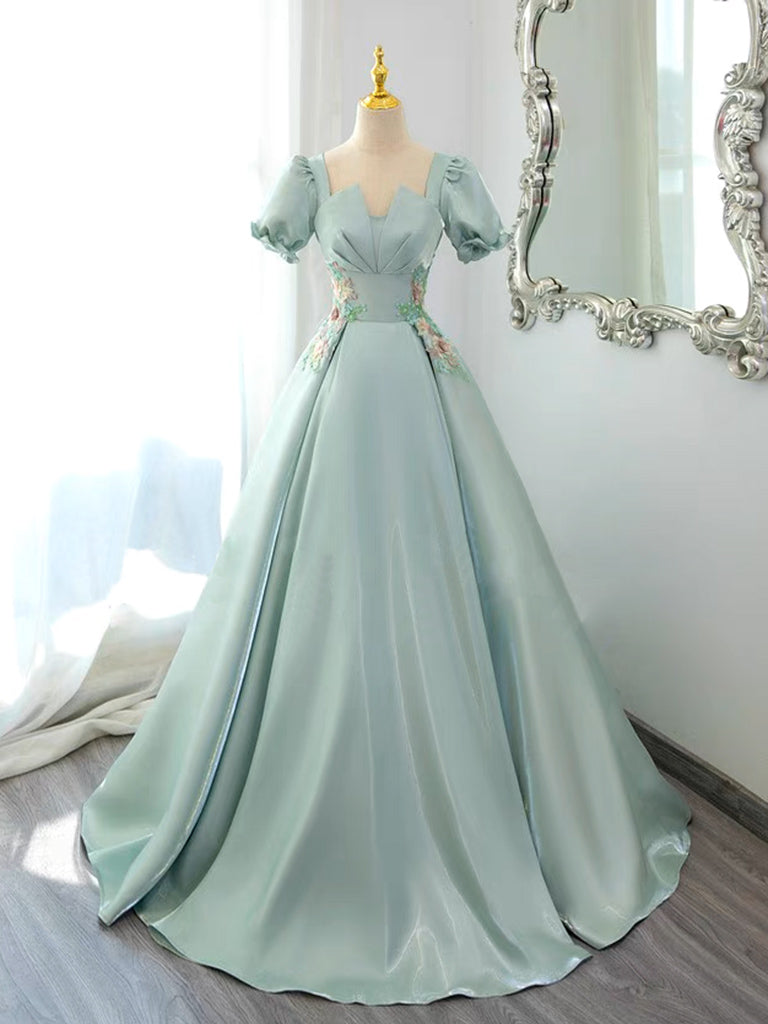 A-Line Satin Lace Applique Green Long Prom Dress, Green Long Formal Dress A-Line Satin Lace Applique Green Long Prom Dress, Green Long Formal Dress