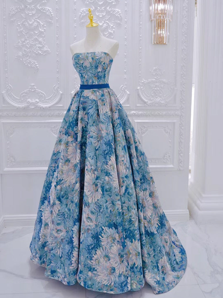A-Line Flower Satin Blue Long Prom Dress, Blue Long Formal Dress US 10 / Blue A-Line Flower Satin Blue Long Prom Dress, Blue Long Formal Dress US 10 / Blue