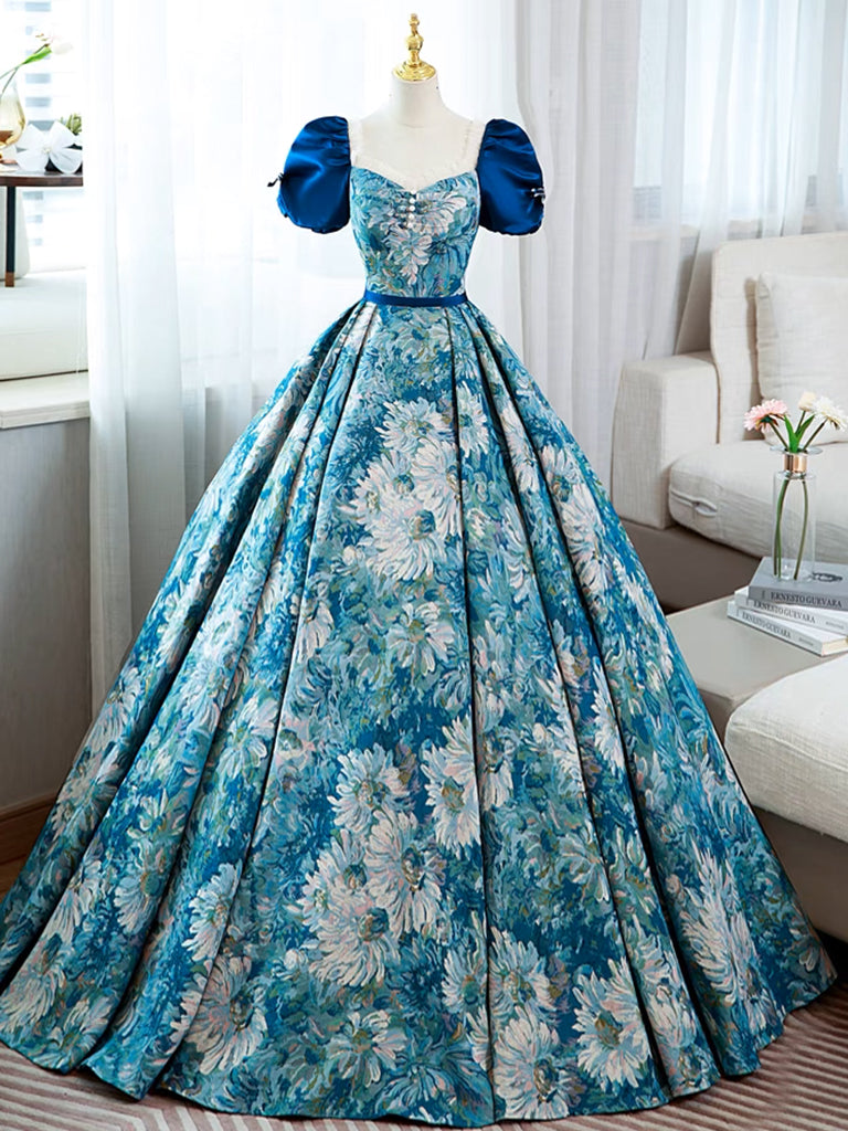 Blue Printed Long A-Line Prom Dress, Elegant Short Sleeve Formal Dress US 10 / Blue Blue Printed Long A-Line Prom Dress, Elegant Short Sleeve Formal Dress US 10 / Blue