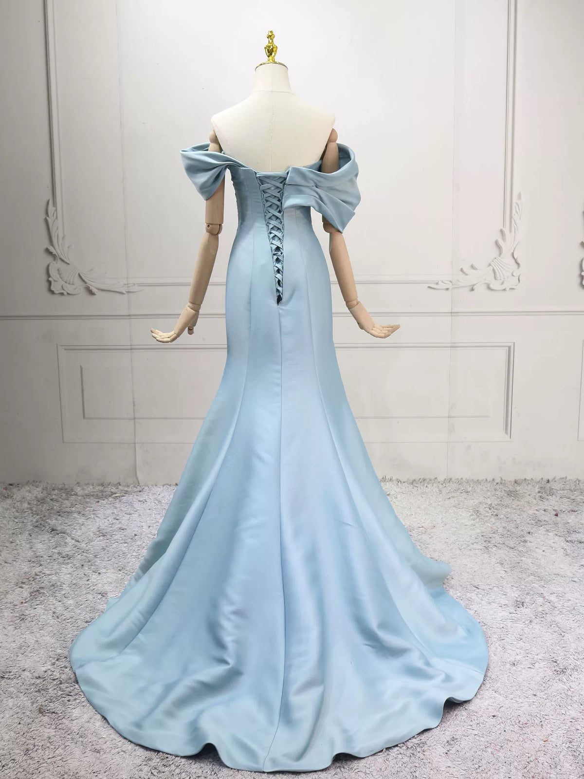 Mermaid Off Shoulder Satin Blue Long Prom Dress, Blue Long Evening Dress