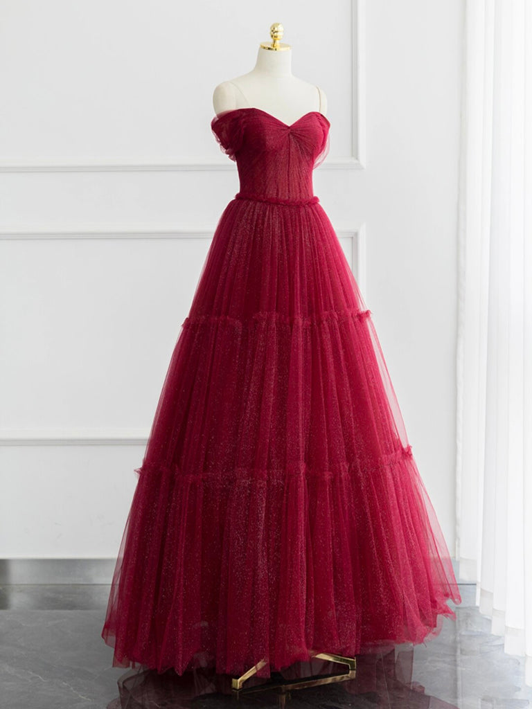 Burgundy Shiny Tulle Long Prom Dress, Beautiful A-Line Off the Shoulder Evening Dress US 10 / Burgundy Burgundy Shiny Tulle Long Prom Dress, Beautiful A-Line Off the Shoulder Evening Dress US 10 / Burgundy