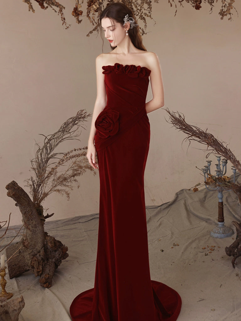 burgundy velvet mermaid dress Halter Velvet Maroon Mermaid Wedding Guest Dress