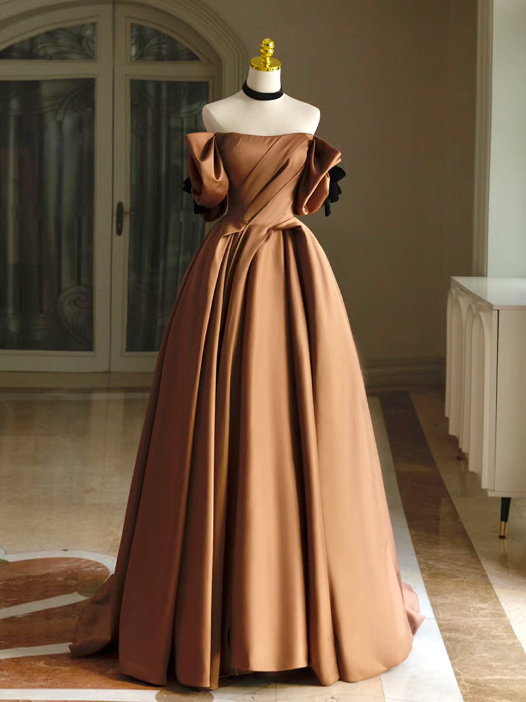 brown prom dress Simple A-Line Satin Long Dress, Brown Long Formal – shopluu V neck