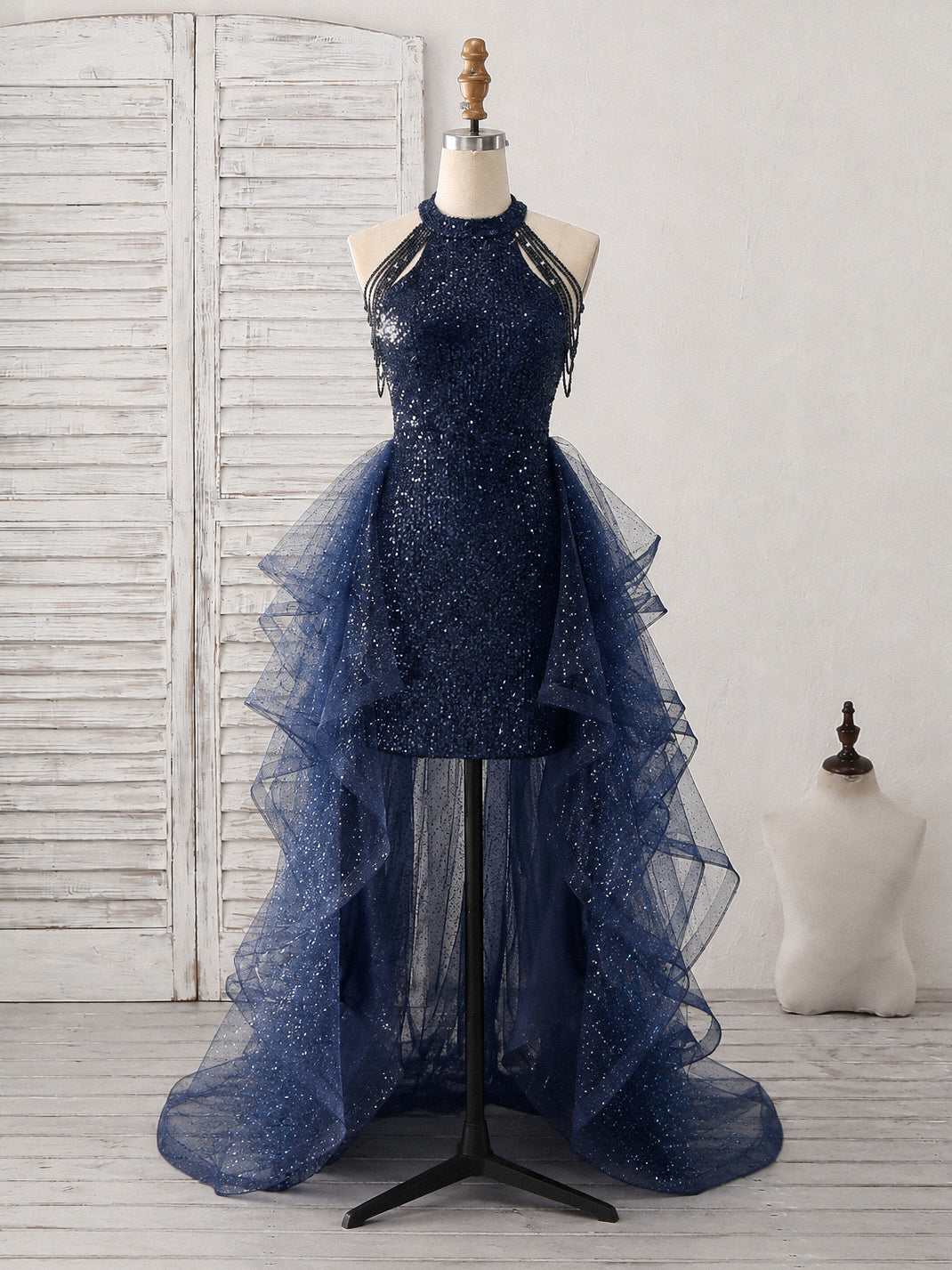 A-line Sequin High Low Tulle Dark Blue Prom Dress with Beads