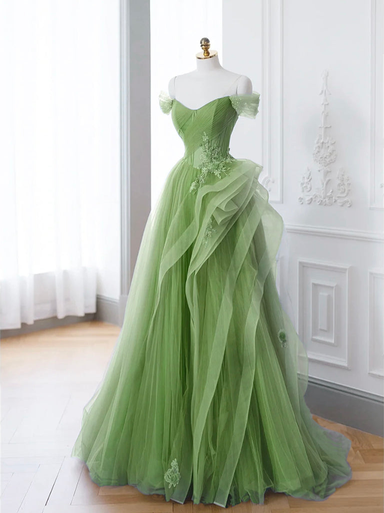 Green A-Line Off Shoulder Long Prom Dress Lace Long Evening Dress Green / 2 Green A-Line Off Shoulder Long Prom Dress Lace Long Evening Dress Green / 2