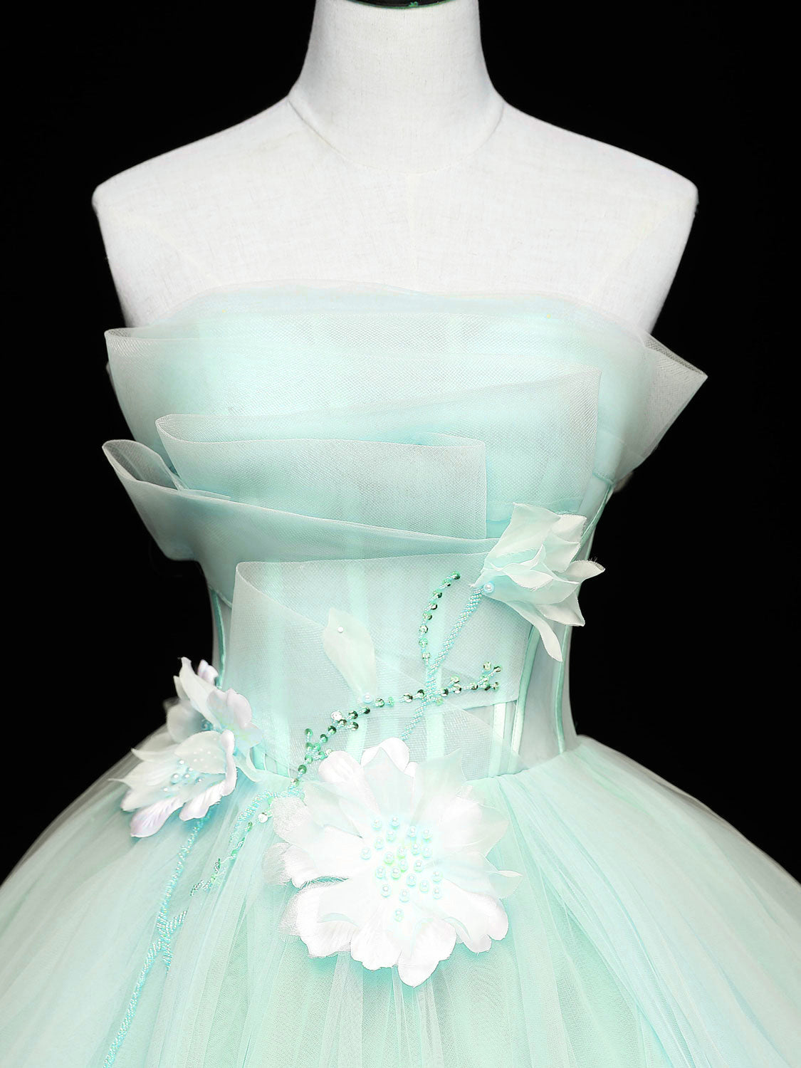 Green Tulle Lace Applique Long Prom Dresses, Green Sweet 16 Dresses