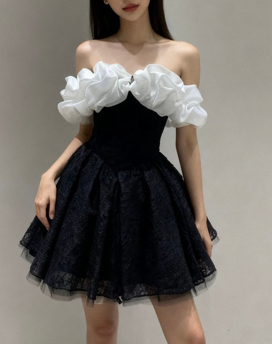 A-Line Off Shoulder Tulle Lace Mini Black Short Prom Dress