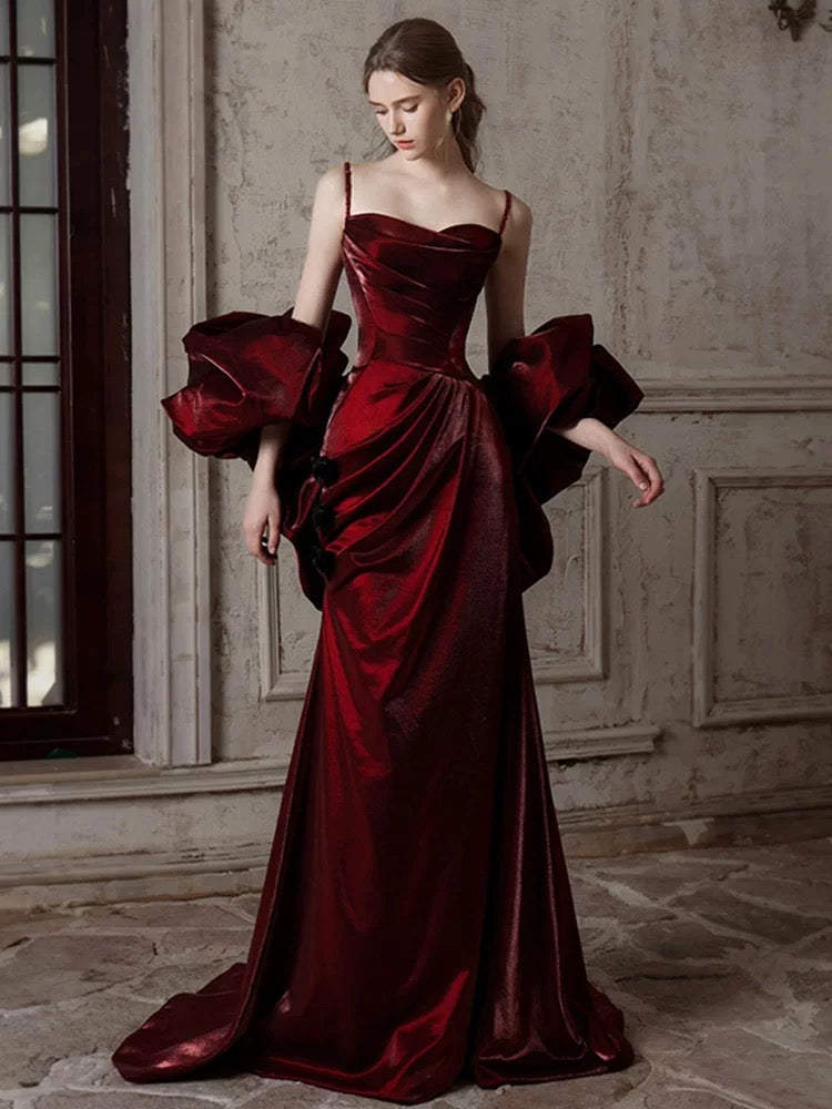 Mermaid Sweetheart Sweep Train Satin Puff sleeves Burgundy Prom Dress Custom Size / Burgundy Mermaid Sweetheart Sweep Train Satin Puff sleeves Burgundy Prom Dress Custom Size / Burgundy