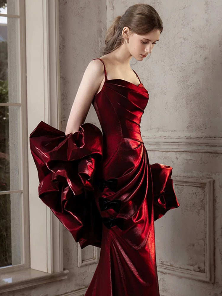 Mermaid Sweetheart Sweep Train Satin Puff sleeves Burgundy Prom Dress