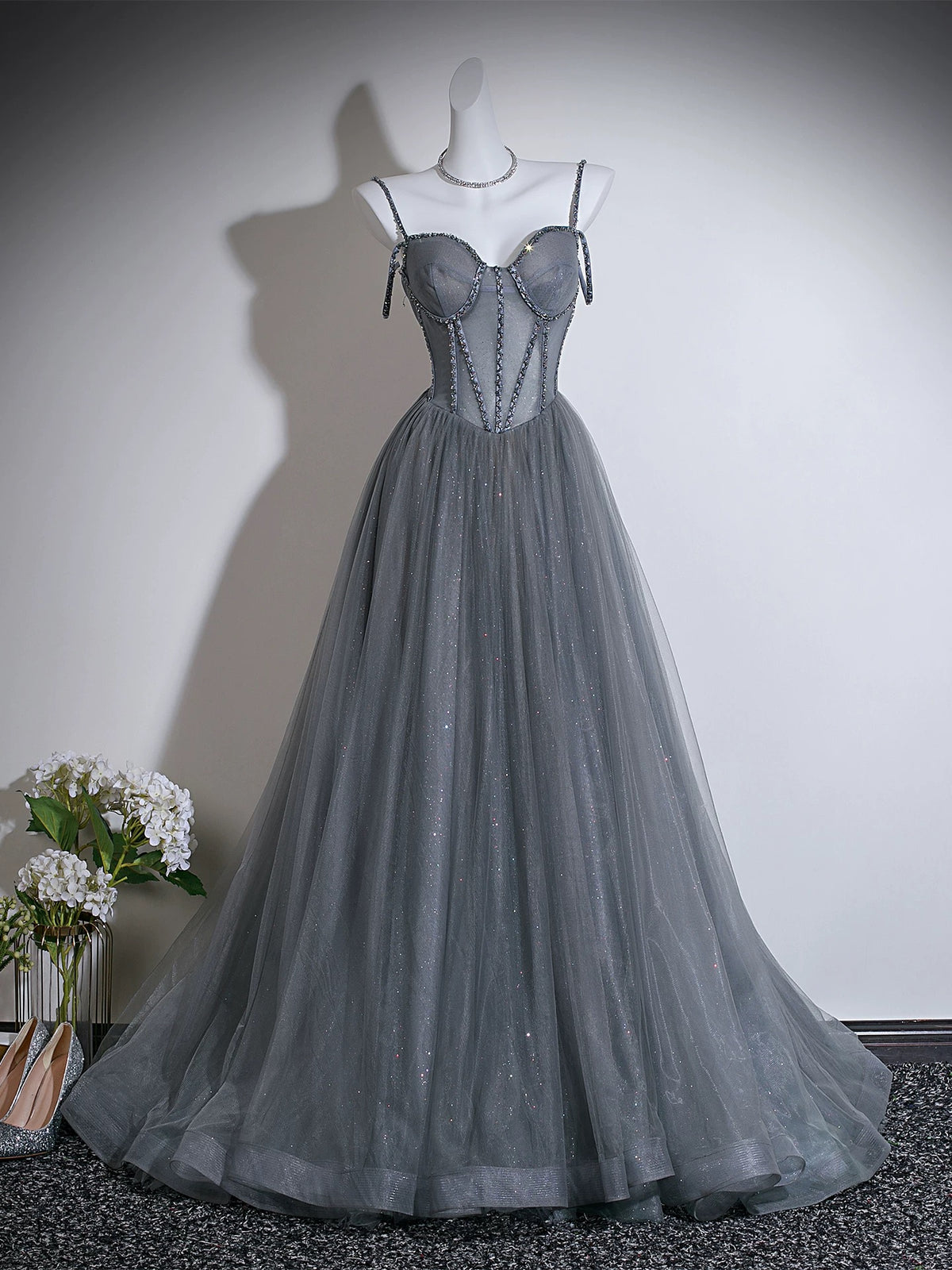 A-line Sweetheart Neck Tulle Gray Long Prom Dress with Beads