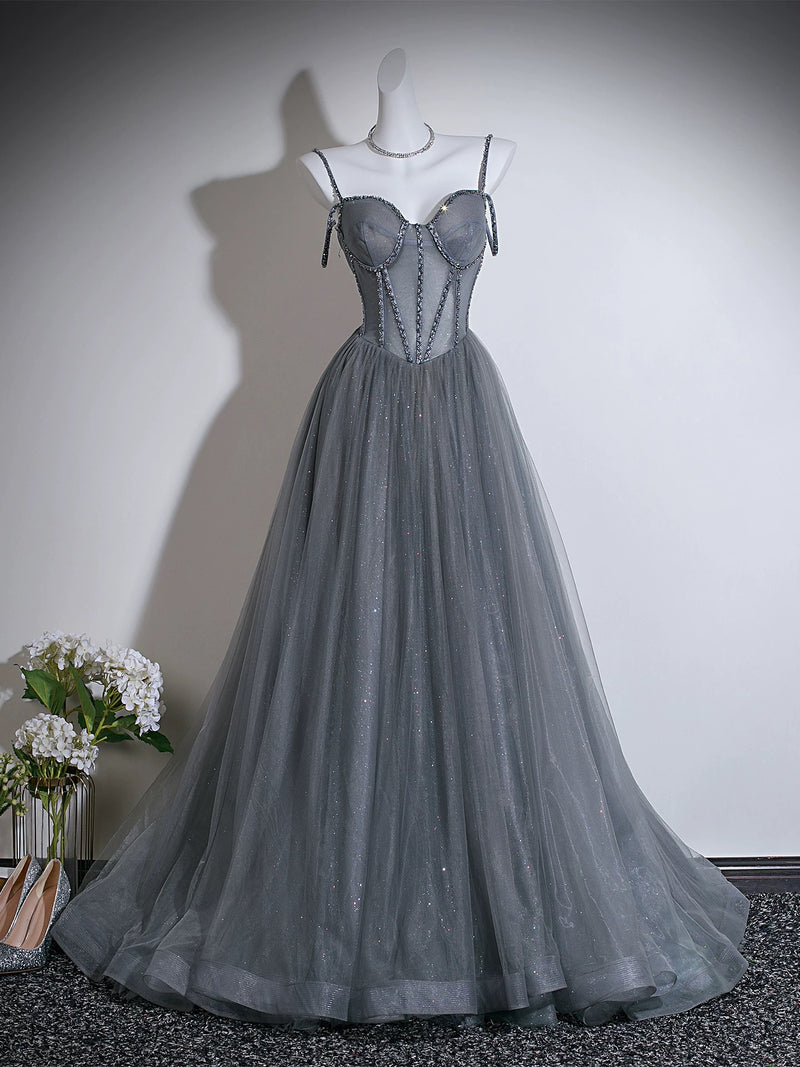 A-line Sweetheart Neck Tulle Gray Long Prom Dress with Beads – shopluu