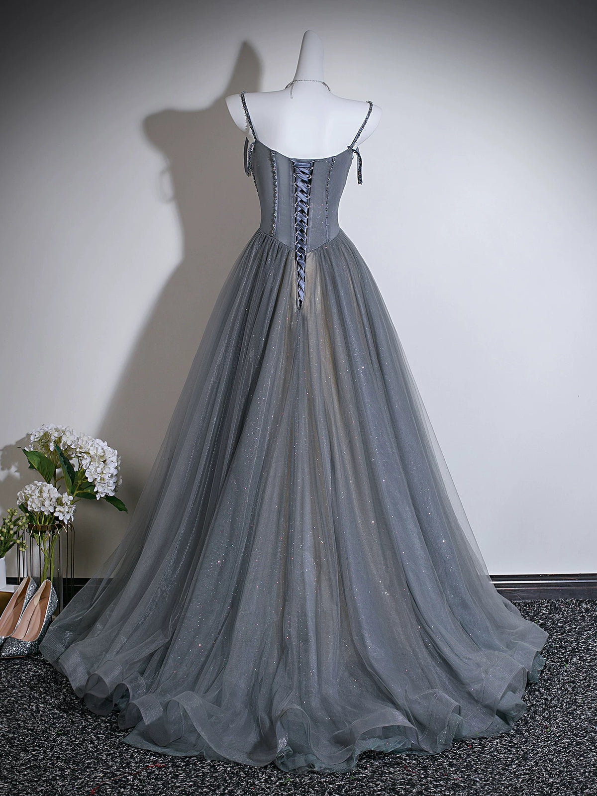 A-line Sweetheart Neck Tulle Gray Long Prom Dress with Beads
