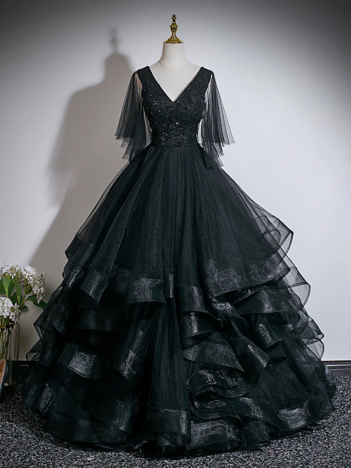 A-Line V Neck Floor Length Tulle Lace Black Long Prom Dress