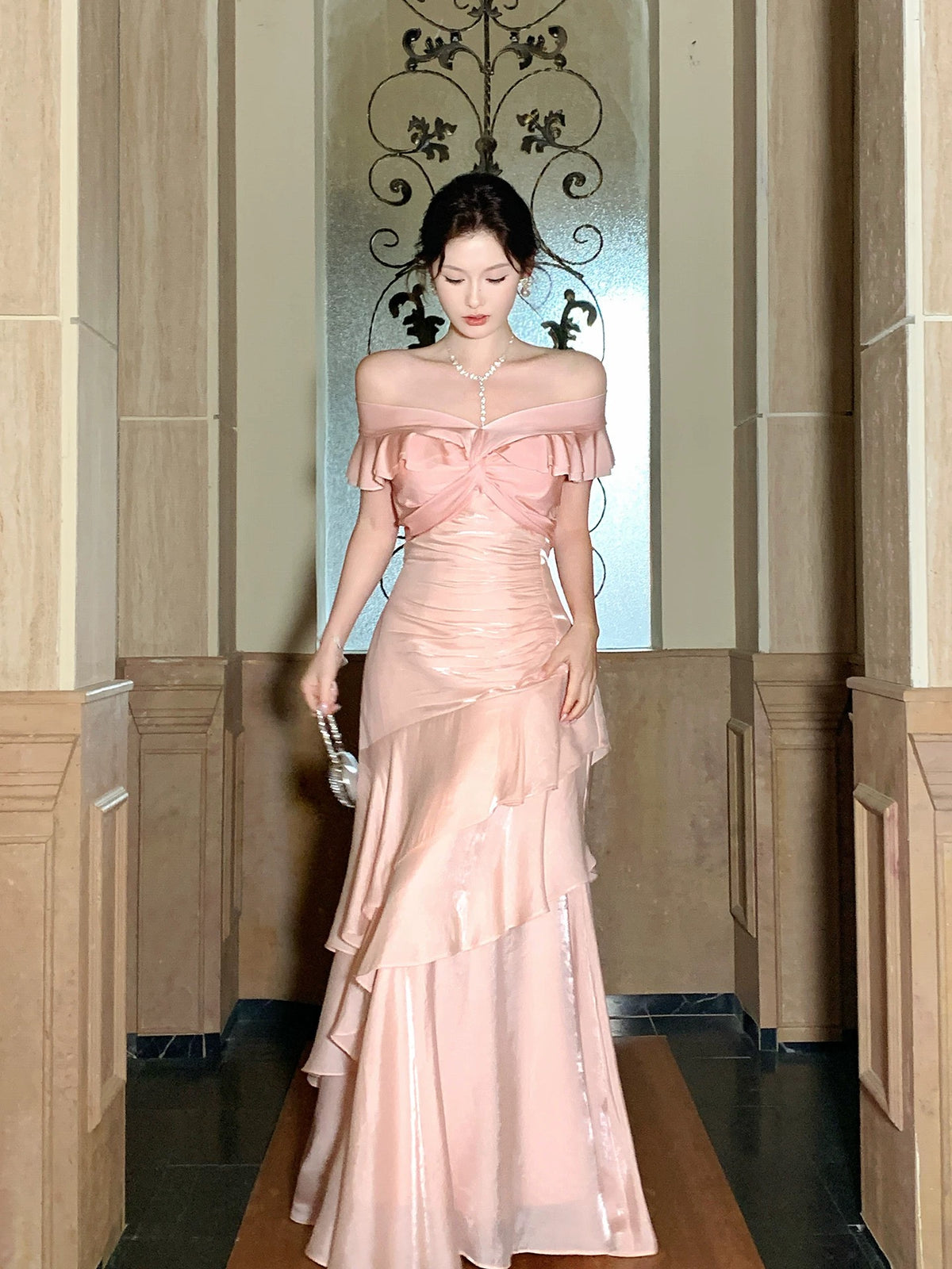 Mermaid Sweetheart Ruffles Silk Pink Long Prom Dress, Pink Party Dress