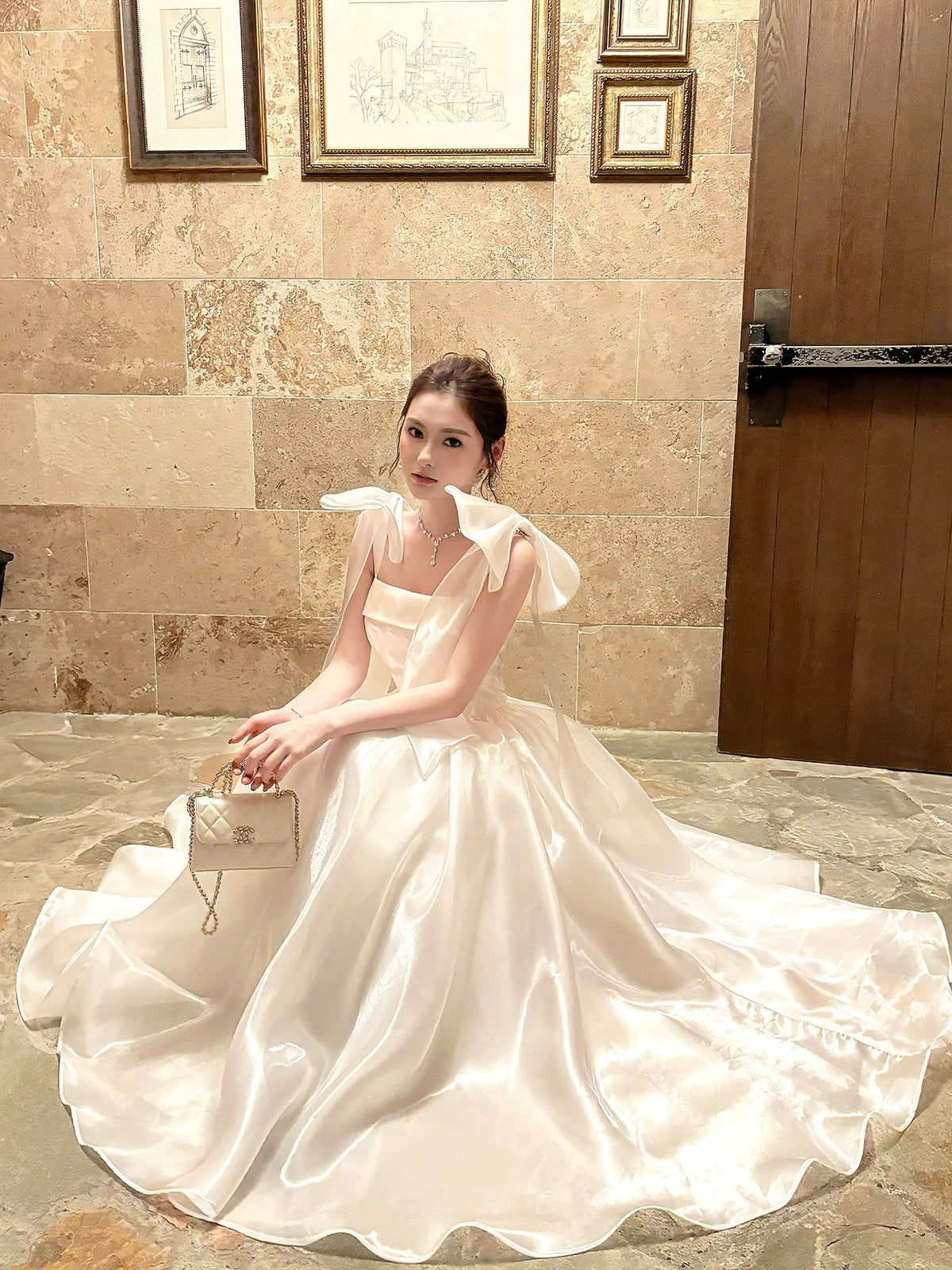 A-Line Floor Length White Prom Dress With Bow Tie