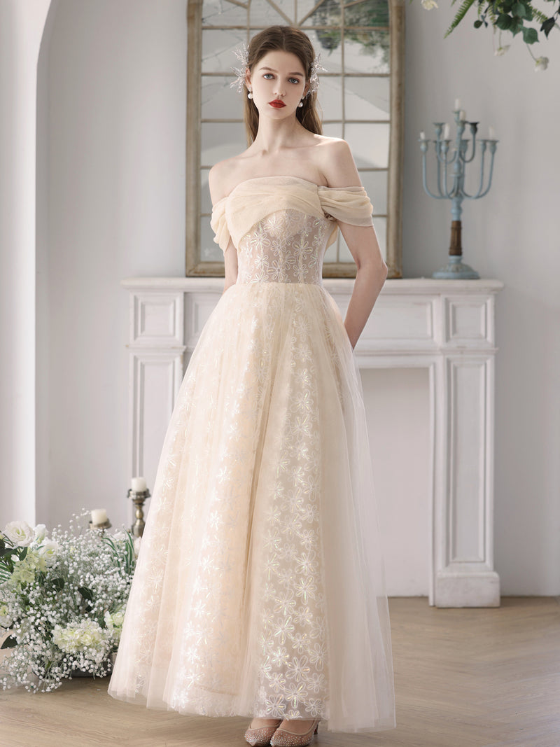 champagne tulle lace long prom dress Champagne A-Line Tulle Lace Long Prom Dress, Champagne Formal Dress Custom Size / Champagne