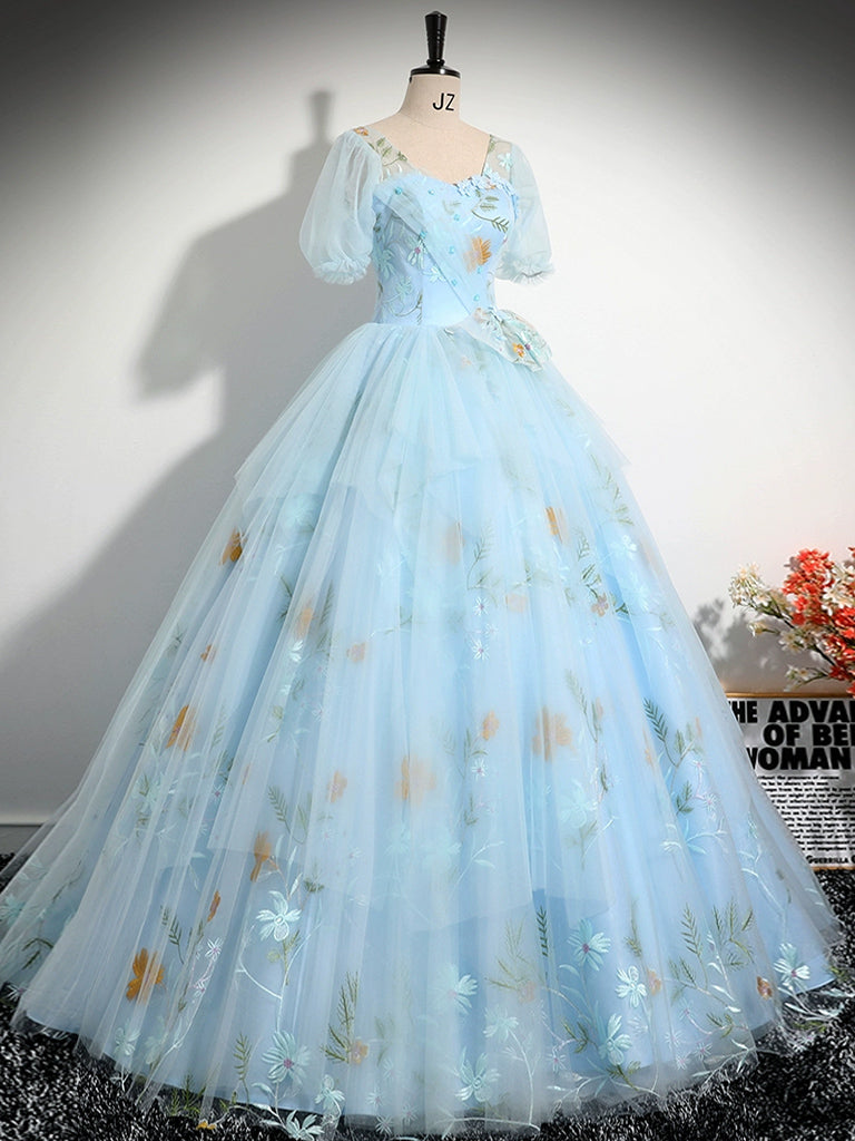 A-Line V Neck Tulle Lace Blue Long Prom Dress, Blue Lace Long Formal Dress