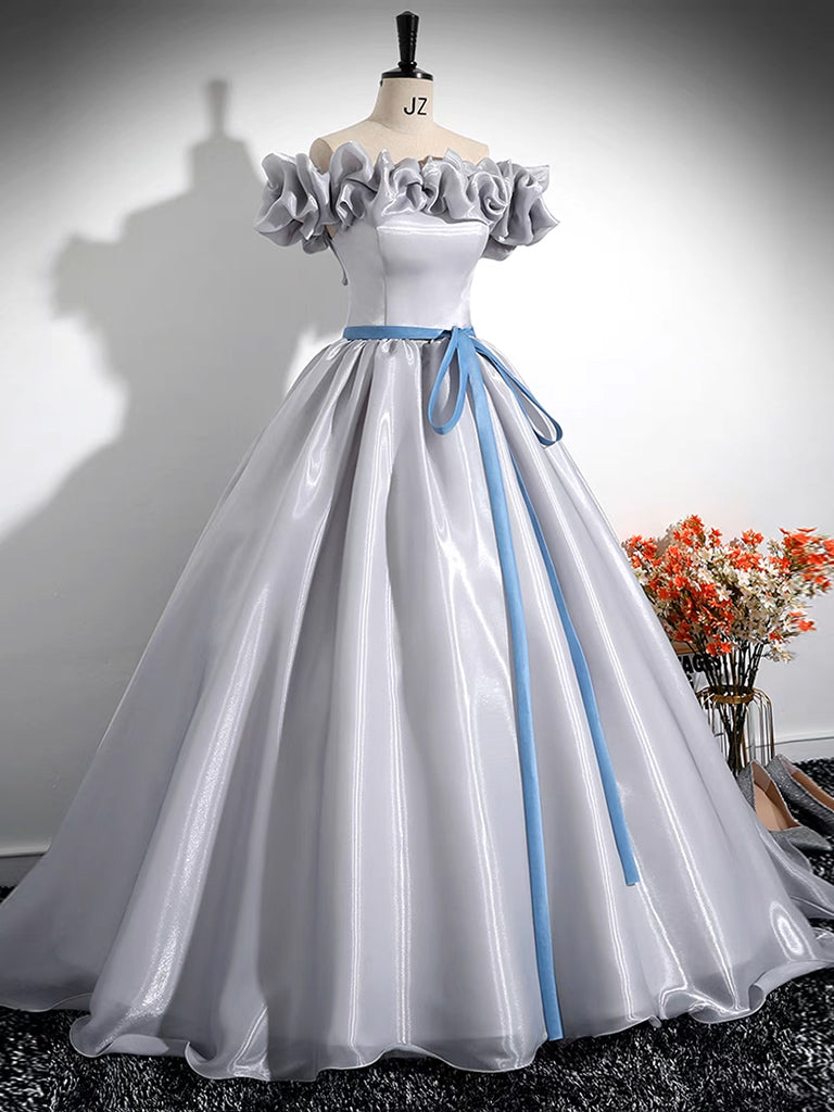 A-Line Off Shoulder Gray Satin Long Prom Dress, Gray Long Formal Dress US 10 / Custom Color A-Line Off Shoulder Gray Satin Long Prom Dress, Gray Long Formal Dress US 10 / Custom Color
