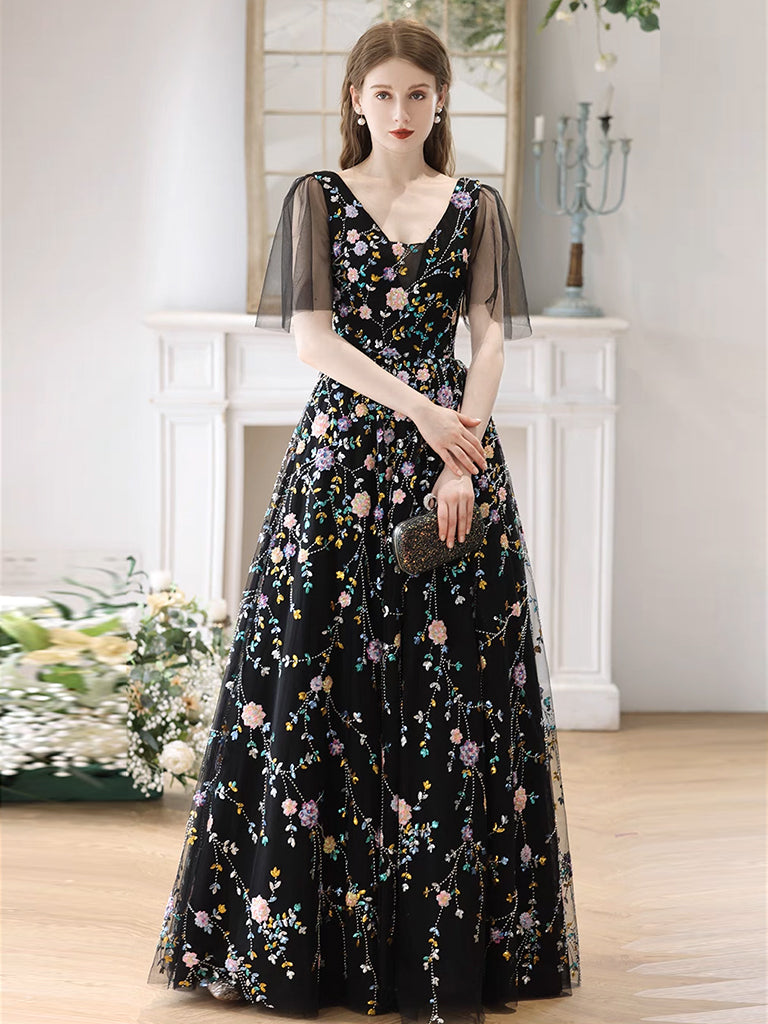A-Line V Neck Tulle Lace Black Long Prom Dress, Black Long Evening Dress