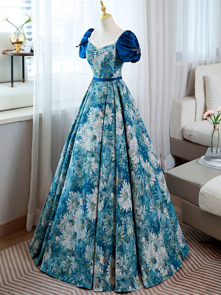 Blue Printed Long A-Line Prom Dress, Elegant Short Sleeve Formal Dress US 10 / Blue Blue Printed Long A-Line Prom Dress, Elegant Short Sleeve Formal Dress US 10 / Blue
