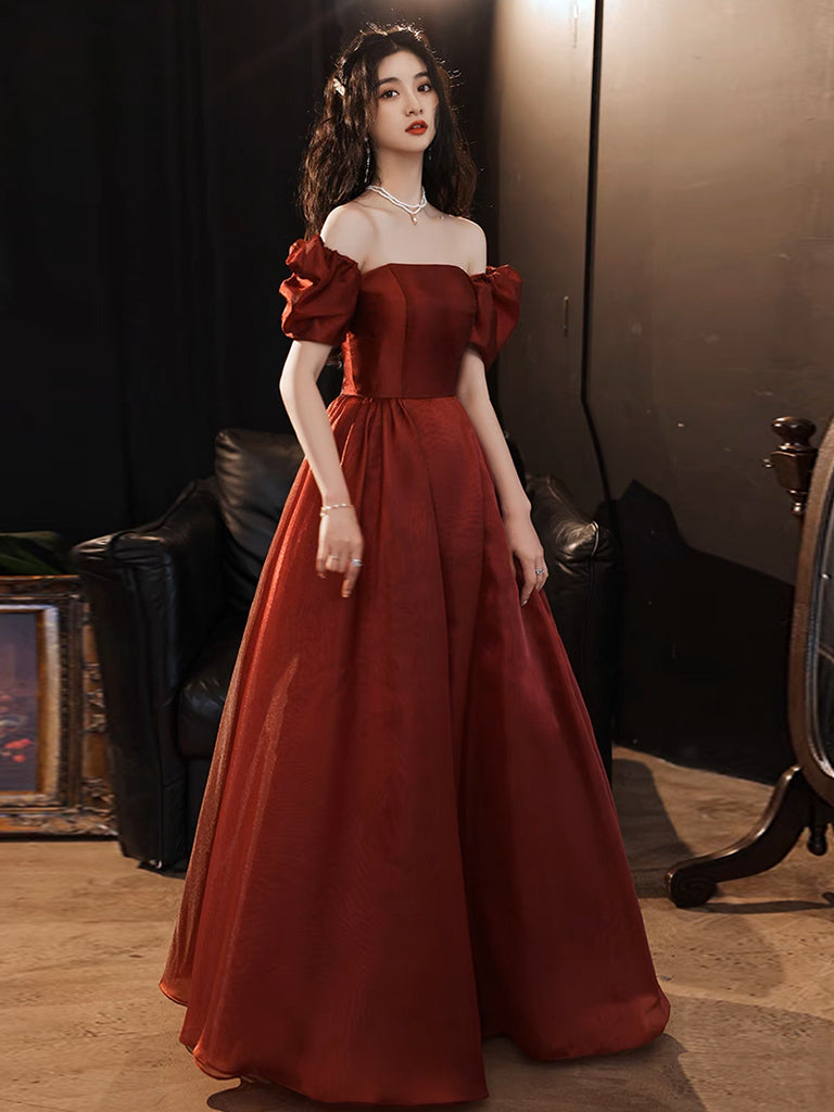 A-Line Puff Sleeves Organza Burgundy Long Prom Dress, Burgundy Long Evening Dress US 10 / Custom Color A-Line Puff Sleeves Organza Burgundy Long Prom Dress, Burgundy Long Evening Dress US 10 / Custom Color
