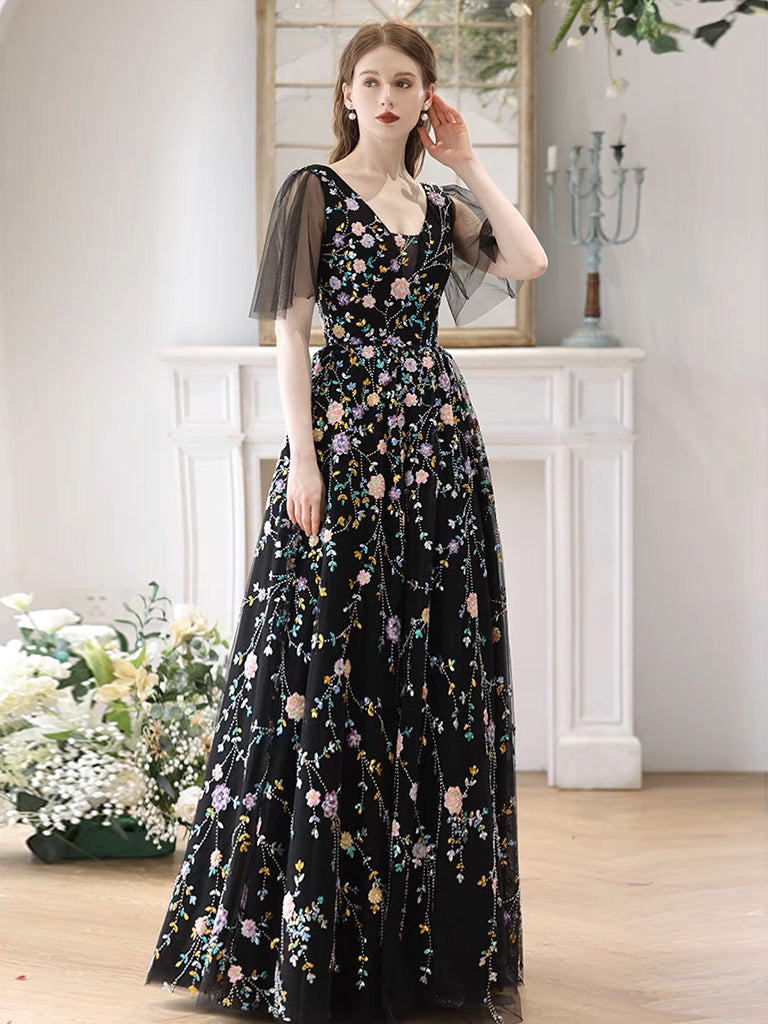 A-Line V Neck Tulle Lace Black Long Prom Dress, Black Long Evening Dress