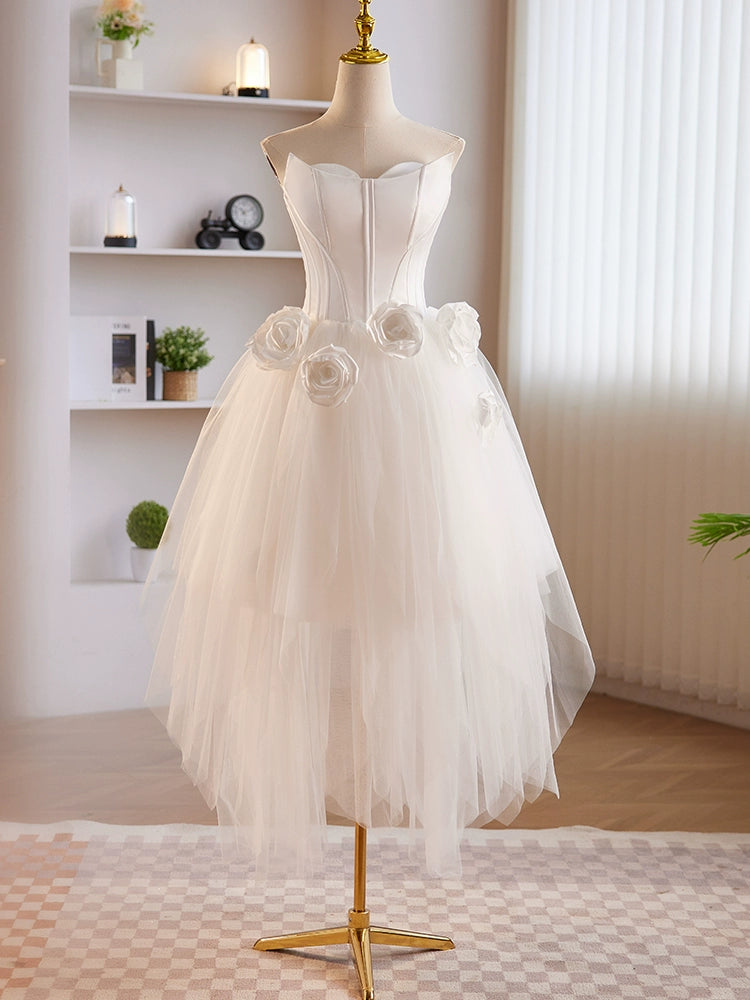 A-Line White Tulle Satin Short Prom Dress, White Homecoming Dress