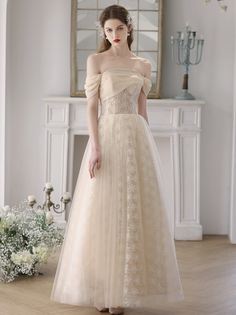 Champagne A-Line Tulle Lace Long Prom Dress, Champagne Formal Dress – shopluu
