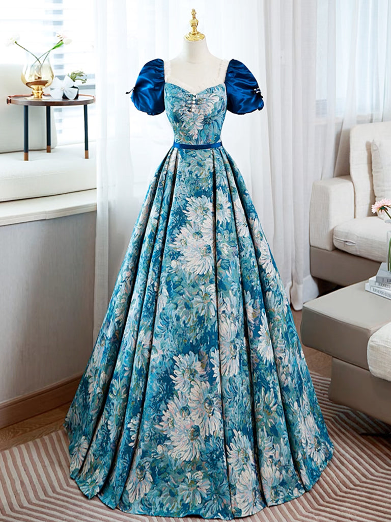 Elegant Blue Satin Prom Dresses, Square Neckline Puffy Short Sleeve Bo