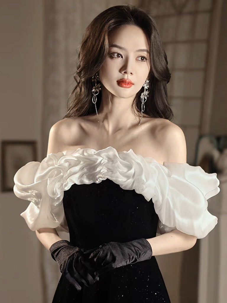 Black Off the Shoulder Velvet and Tulle Long Prom Dress, A-Line Black Evening Dress US 16 / Custom Color Black Off the Shoulder Velvet and Tulle Long Prom Dress, A-Line Black Evening Dress US 16 / Custom Color
