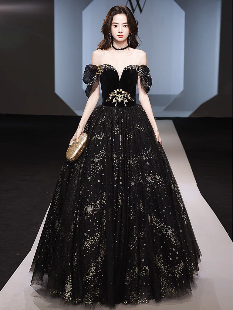 A-Line Off Shoulder Tulle Lace Black Long Prom Dress, Black Long Forma shopluu A-Line Off Shoulder Tulle Lace Black Long Prom Dress, Black Long Forma shopluu