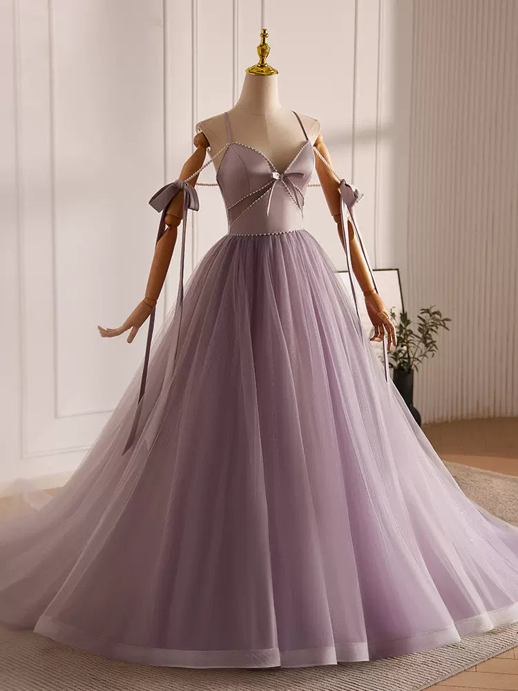 A-Line V Neck Tulle Beads Purple Long Prom Dress, Purple Long Formal D shopluu A-Line V Neck Tulle Beads Purple Long Prom Dress, Purple Long Formal D shopluu