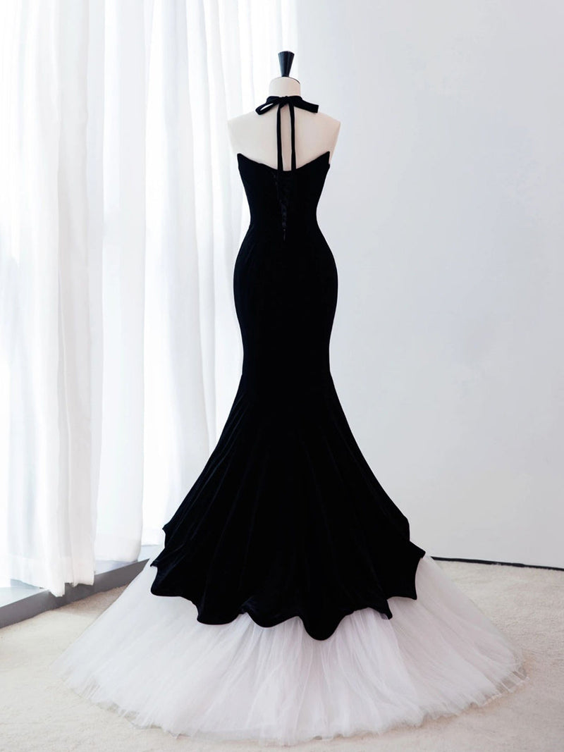 Black/White Velvet Mermaid Long Prom Dress, Black Formal Evening