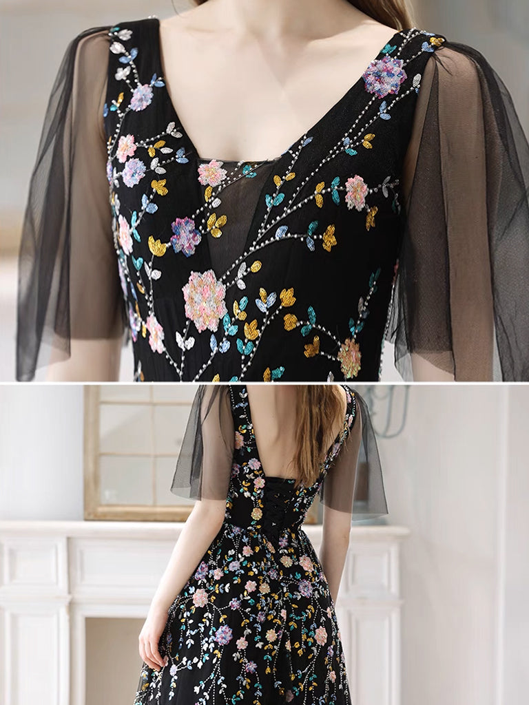A-Line V Neck Tulle Lace Black Long Prom Dress, Black Long Evening Dress