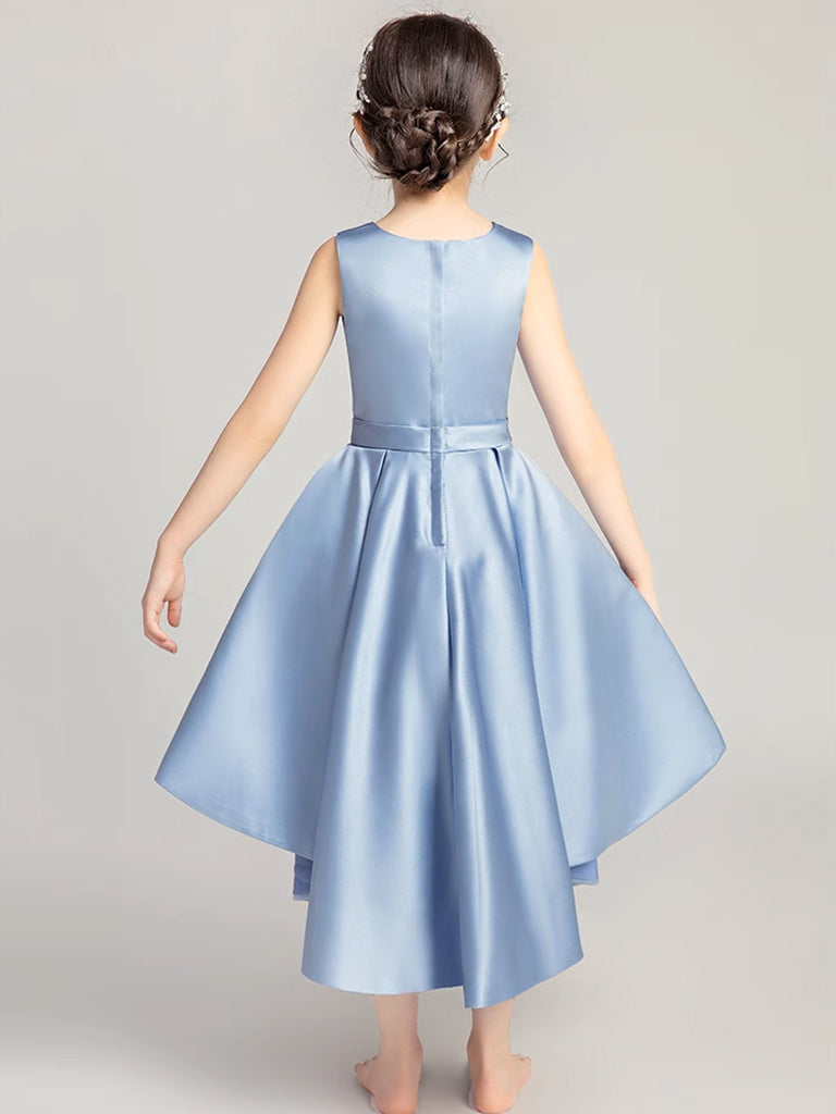 A-Line Round Neck High Low Satin Blue Short Flower Girl Dress shopluu A-Line Round Neck High Low Satin Blue Short Flower Girl Dress shopluu
