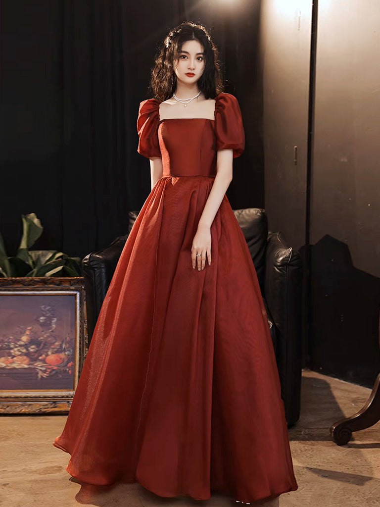 A-Line Puff Sleeves Organza Burgundy Long Prom Dress, Burgundy