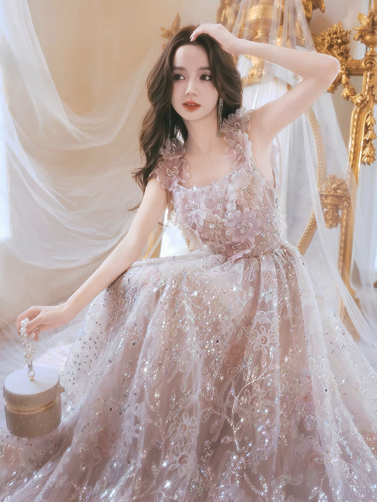 Unique Tulle Lace Pink Long Prom Dress, Lace Pink Long Evening Dress